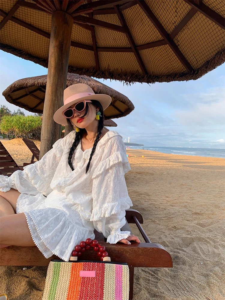 

Spring Fashion White Two-Piece Set Women's Shirt Cake Skirt Ensemble Long Sleeve Cotton Classic Style for Ages 25-35