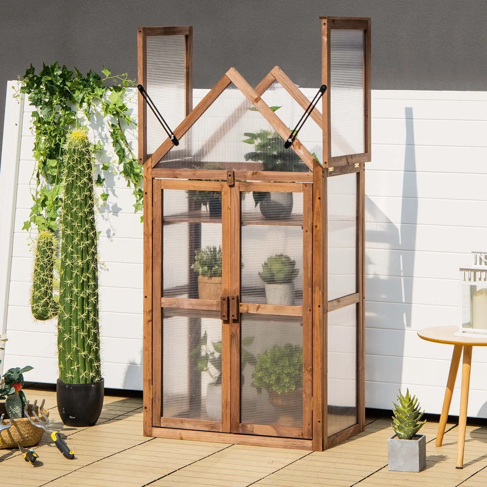 GRAFFY Wooden Cold Frame Greenhouse with 3 Removable Shelves for Outdoor | Portable Raised Flower Planter Shelf w/