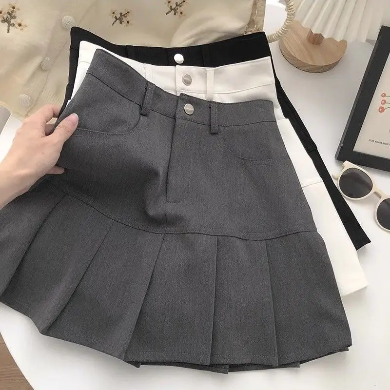 New Women Clothing Summer Preppy Style Sweet Kawaii Pleated Short Skirts Y2K Female High Waist Chic Solid Slim A Line Mini Skirt