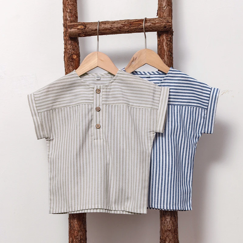 Children\'s Cotton Linen Striped Short-Sleeved T-Shirt Summer New Boys And Girls Round Neck Buttons Daily Casual Tops