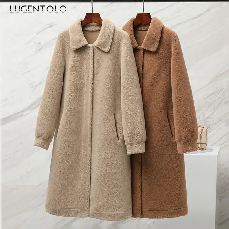 Casaco longo de pele sintética para mulheres, lapela de rua simples, roupas femininas, moda coreana, qualidade quente, elegante, outono, inverno, 2023