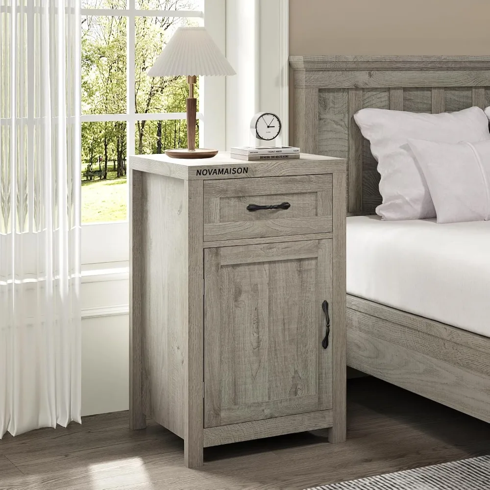 

Farmhouse End Table, 30” Rustic Nightstand with Drawer and Storage Cabinet, Wood Sofa Side Bedside Table with Adjustable Shelf f