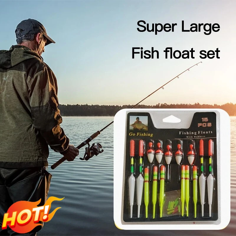 15-Piece Fish Float Suit Set - Vertical Buoy for Sea Fishing with Various Rubber Attachments and Fishing Lures Gear Float Carp