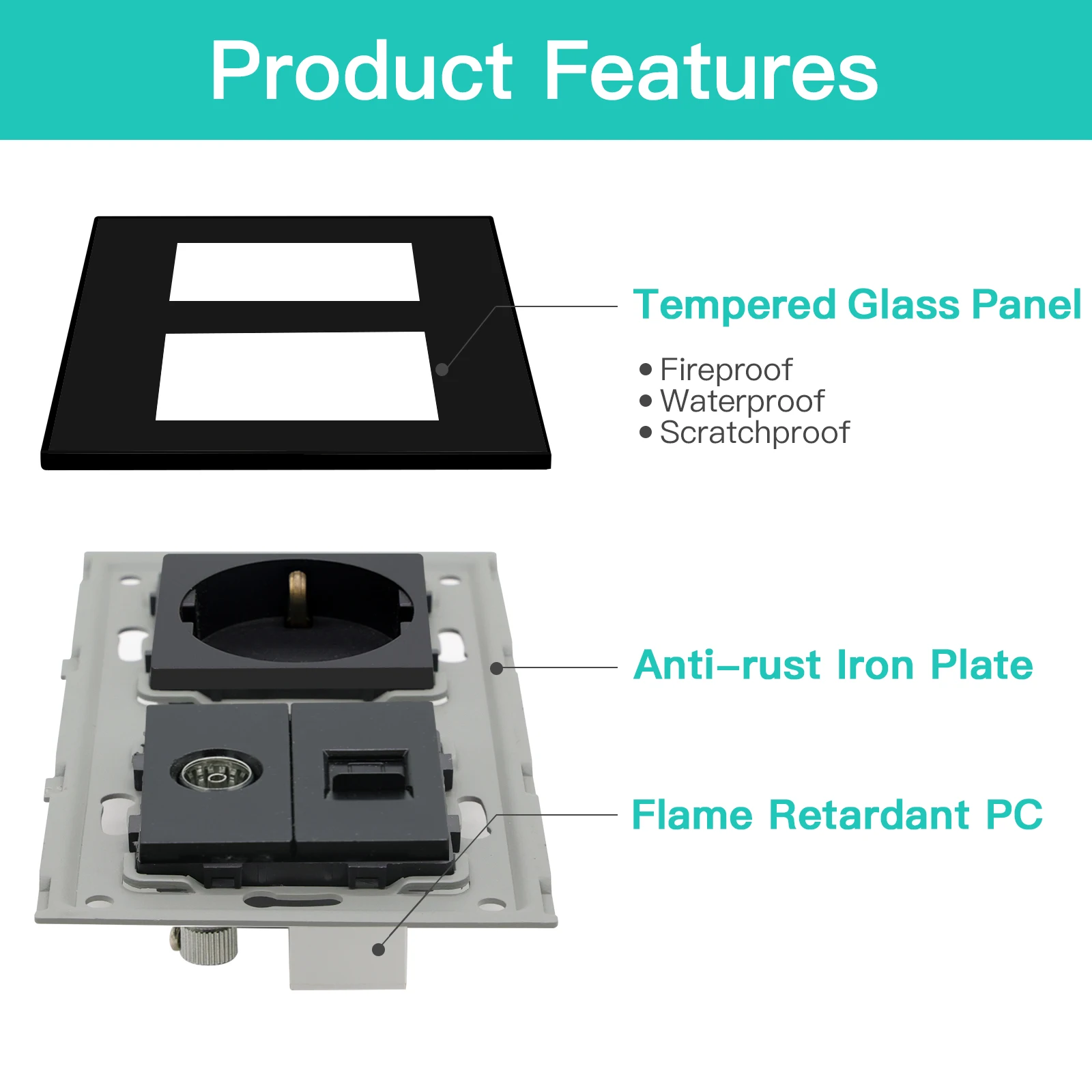 BSEED Sockets TV CAT6 Power Socket EU Standard TV Internet RJ45 PC Connections USB C Electric Wall Sockets Black Glass Frame