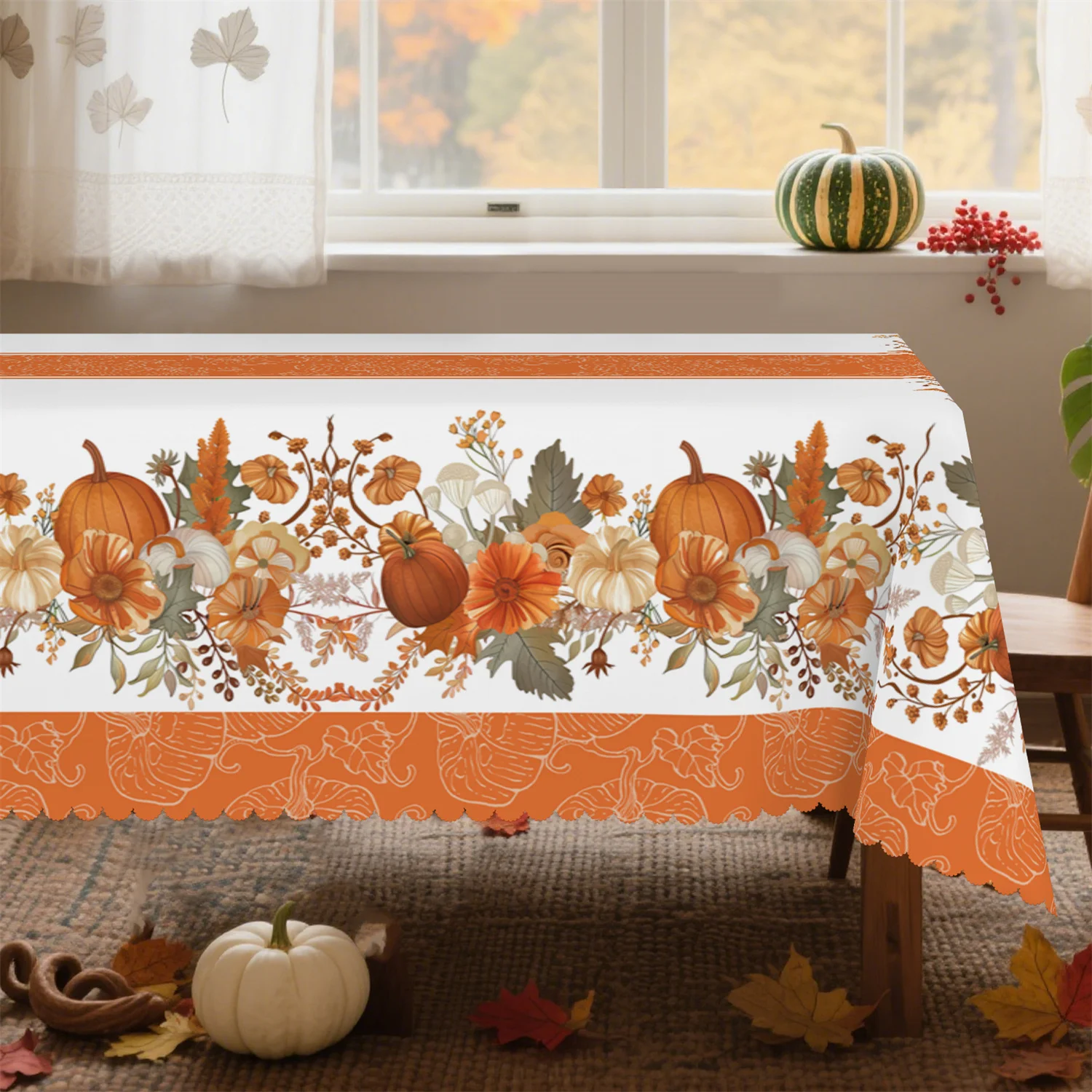 Orange border pumpkin flower autumn tablecloth, 1 pack, suitable for Thanksgiving kitchen table party decorationxzj