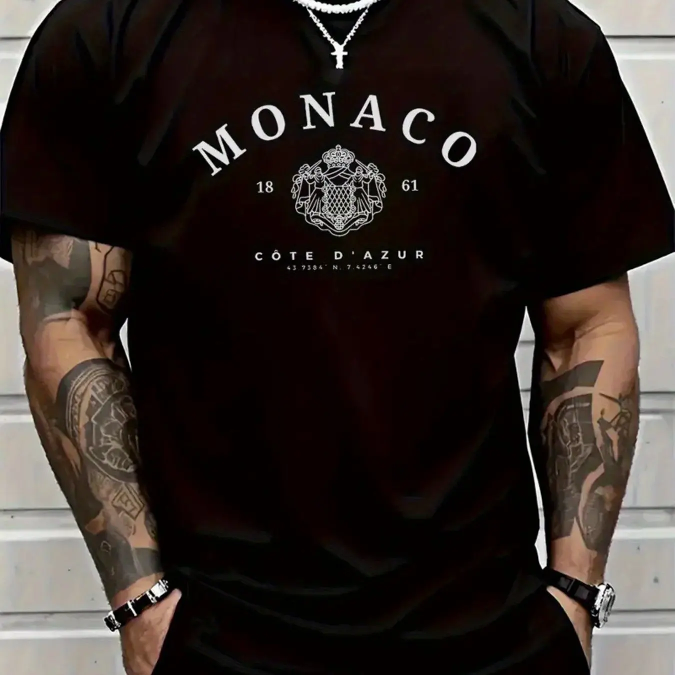Men 100% Cotton T-Shirt, Oversized Monaco Letter Pattern Print Round Neck Short Sleeve Top, Loose Breathable Fashion Casual Tee