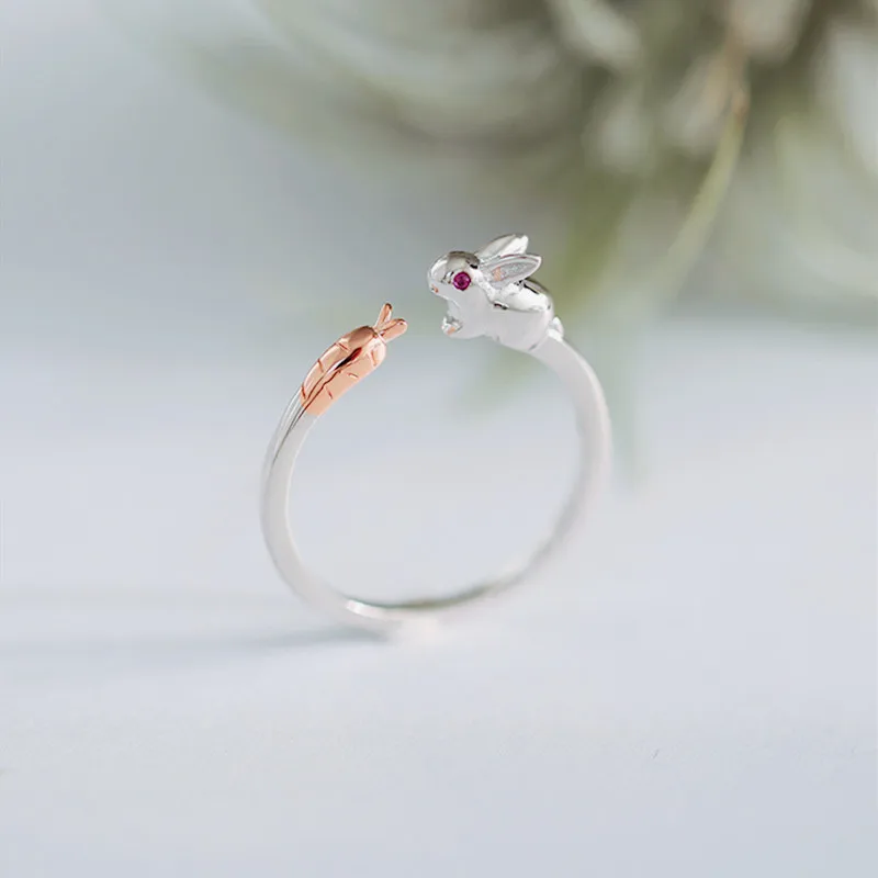 VOQ Cute Rabbit Carrot Opening Ring Animal Ring for Women Girls Silver Color Jewelry Gifts Wholesale