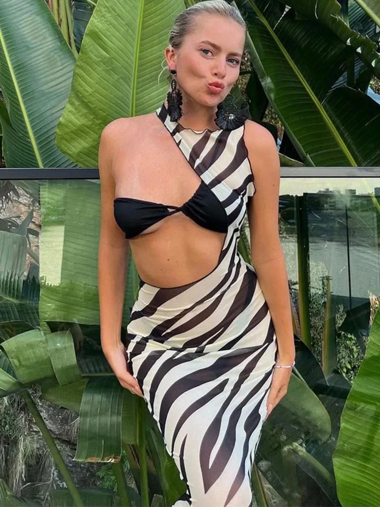 

Zebra Print Long Beach Dress Cover-Ups Sexy Transparent Mesh Maxi Dress Striped Cut Out Bodycon Vacation Summer Dress Women 2023