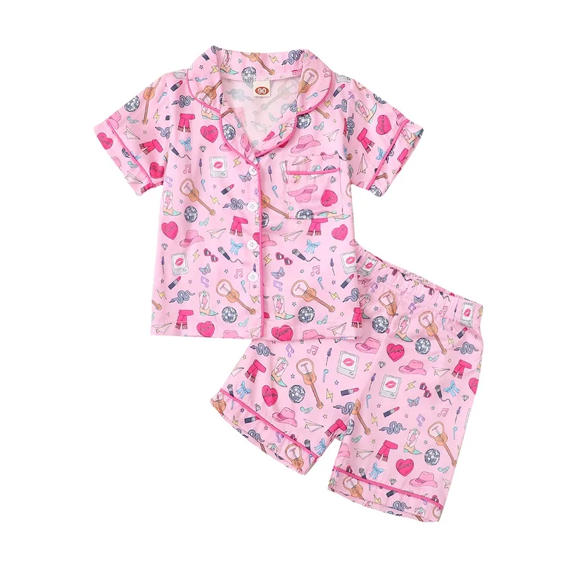 

Little Girls Pajama Set Fashion Print Short Sleeve Lapel Neck Button-up Tops Elastic Waistband Shorts Outfits