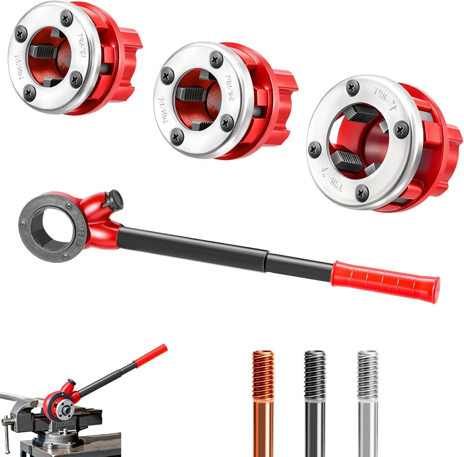 

Ratchet Pipe Threading Kit with 3 Dies (1/2', 3/4', 1') NPT, Portable Plumbing Tool for Iron, Gas, Plastic, Aluminum – Includes