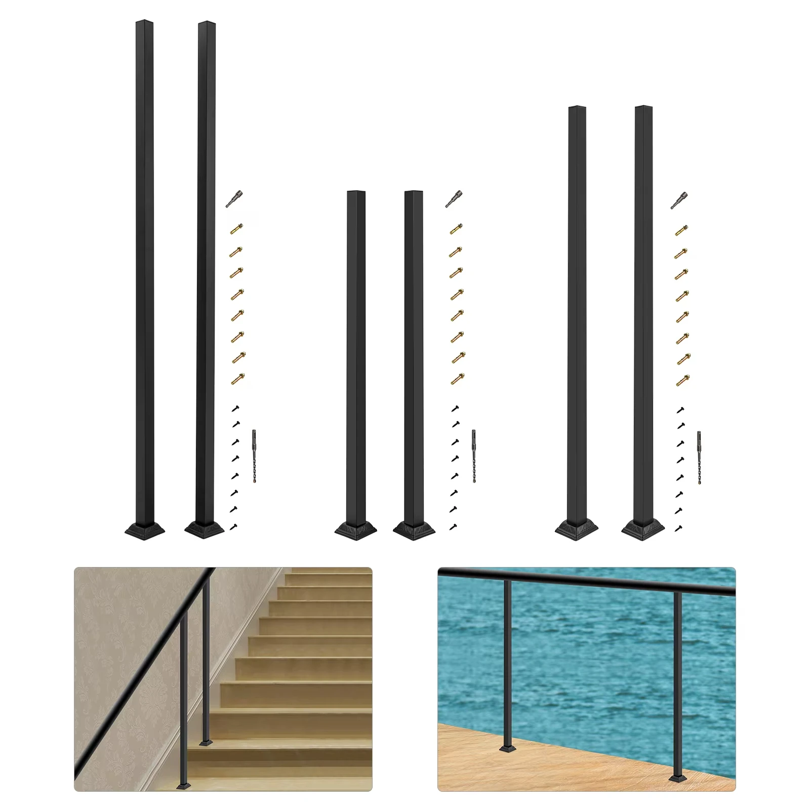 

2 Pack 38 Inch Black Wrought Iron Railing Post Kit 4x4cm Square Balusters with 220lbs Load Capacity