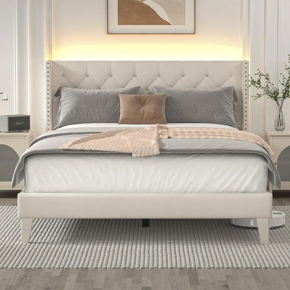 

Full Size Bed Frame with Wingback Headboard, Upholstered Platform Bed Frame with Diamond Tufted Headboard & Lights, Wood Slat