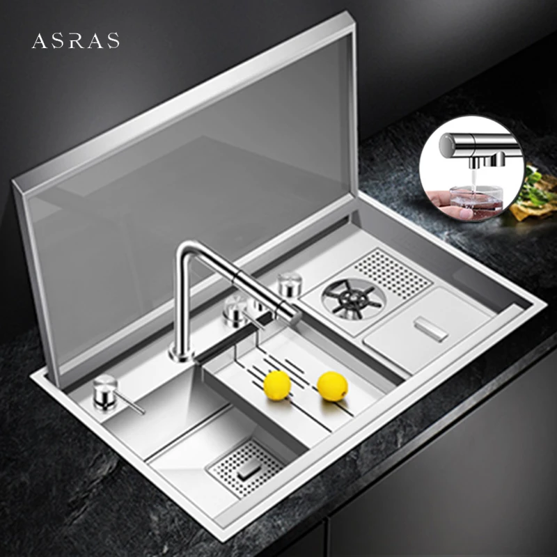 

ASRAS Hidden Flip Cover Kitchen Sink SUS 304 Stainless Steel 4mm Thickness Handmade kitchen Cup Rinser Sink With Trash Can Sinks