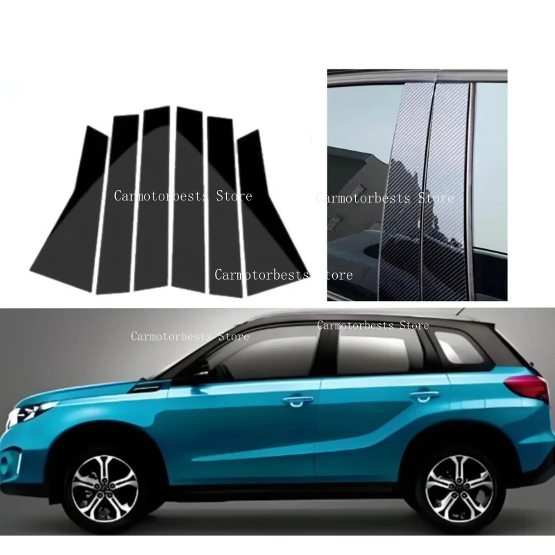 6PCS Gloss Black Pillar Posts Fit For Suzuki Vitara Escudo 2015-2022 Window Decor Side Mouliding Trim Cover  Silver Carbon
