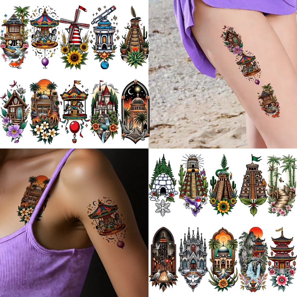 

9pcs Temporary Tattoo Castle Temporary Tattoo Stickers Pyramid Bamboo New School Traditional Pagoda For Chest Women Men