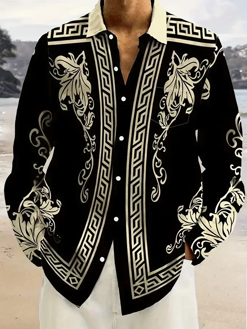 

Men's retro long sleeved shirt, luxurious gold Baroque chain pattern printed fashion long sleeved top for spring and autumn ￼