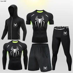 Zestawy sportowe mężczyźni Rashguard Jiu Jitsu T koszula spodnie BJJ koszulki bokserskie na siłownię KickBoxing spodenki Muay Thai rajstopy nadruk w pająki Fitness