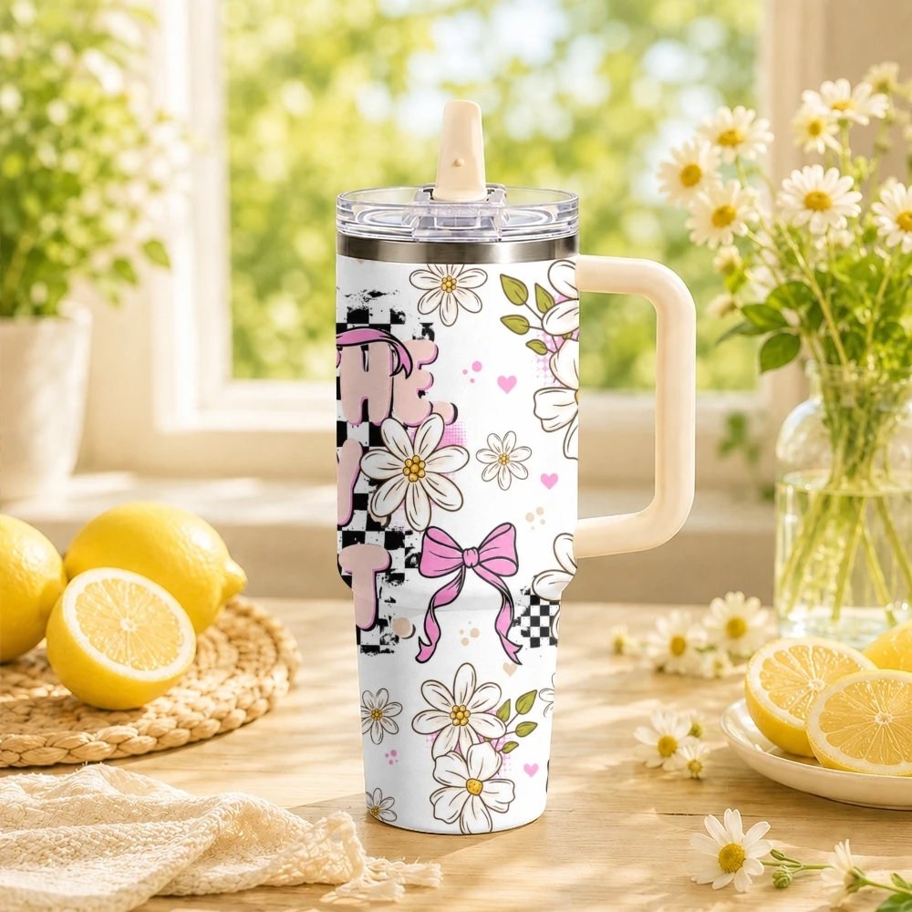 Pink Bow Daisy Trust Vacuum Flasks 40oz Stainless Steel Insulated Tumbler Leakproof Vacuum Travel Mug Portable Coffee Cup