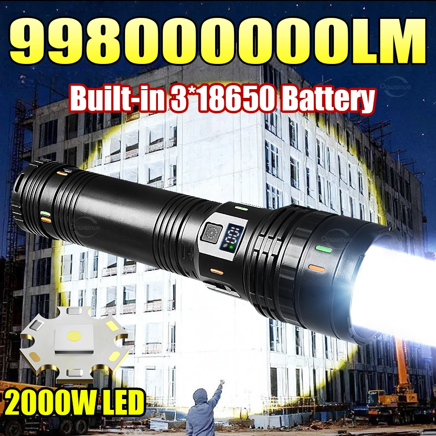 998000000LM Ultra Powerful LED Flashlight New 2000W Super Bright Torch Light Rechargeable Portable Lamp Outdoor Fishing Lantern