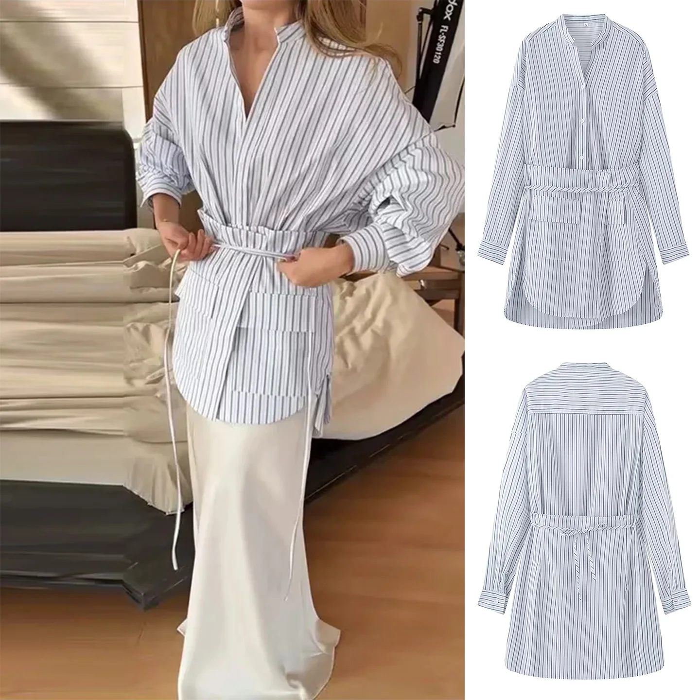 

Spring Summer New Women's Simple Shoulder Drop Long Sleeve Wide Shape Design Waist Belt Two-Way Stripe Shirt Loose Fit French...