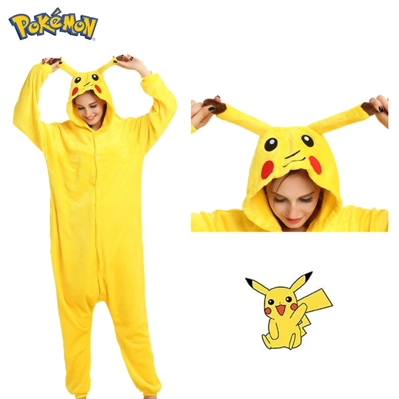 Pokemon Anime Pikachu Plush Flannel Pajamas Women One-piece Suit Long-sleeved Winter Soft Warm Men Home Clothes Casual Kawai