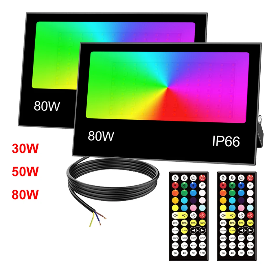

2 шт. RGB LED прожекторы 30W/50W/80W, водонепроницаемые IP66, для улицы и сада, AC85-265V, RGB+WW 2700K, уличный светодиодный светильник