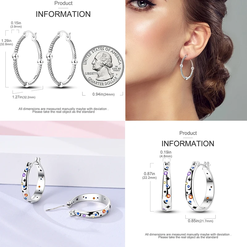 الأصلي 925 فضة أقراط بسيطة تنوعا دائرة كبيرة هوب أقراط للنساء الزفاف المشاركة هدية عيد ميلاد