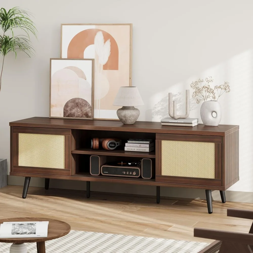 

Boho TV Stand for 75 Inch TV, 63” Entertainment Center with Sliding Doors, Rattan TV Console with Storage Shelves