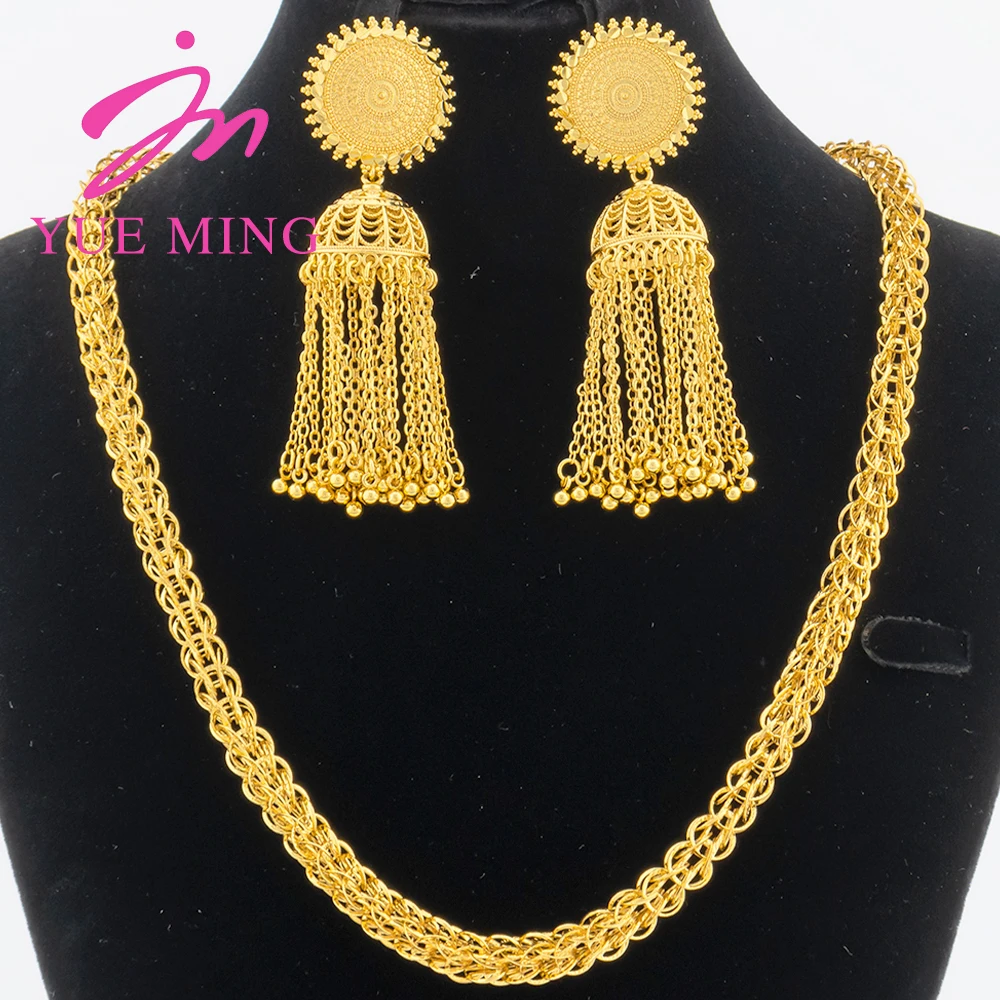 

YM Jewelry Set for Women Nigerian Wedding Bridal African Chain 60cm Dubai Gold Color Necklace Long Tassel Earrings Party Banquet