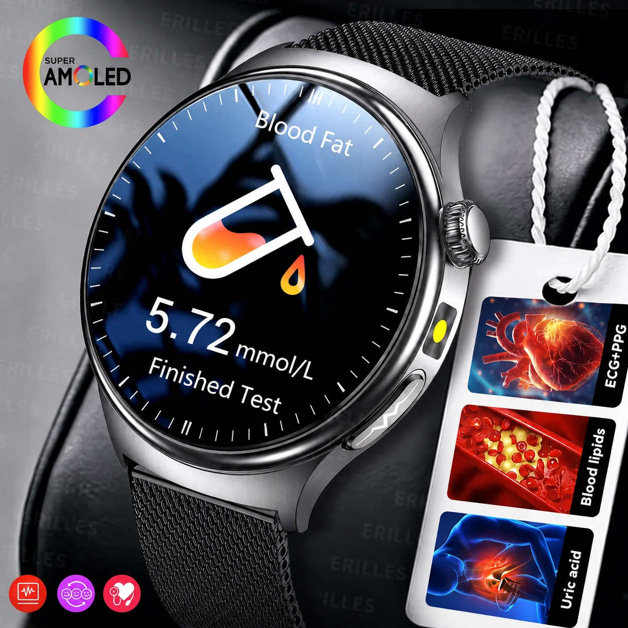 2026 New Medical Smart Oxygen Smart Watch Blood Pressure ECG+PPG Blood Lipid Uric Acid Body Fat Analyse BT Call Health Men Clock