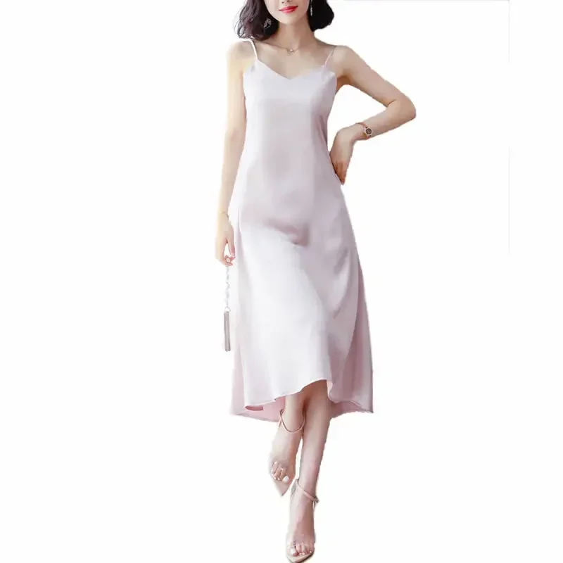 Spring Summer 2025 New Woman Tank Dress Casual Satin Sexy Camisole Elastic Female Home Beach Dresses V-neck Camis Sexy Dress