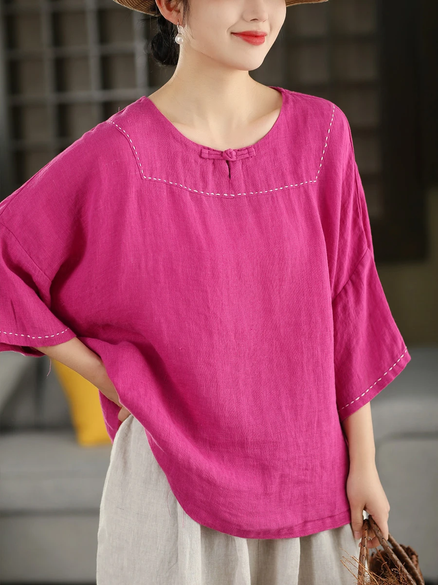 Women's Linen Shirt Retro Style Loose Fit round Neck Short Sleeve Button Front Sand Washed T-Shirt Artistic Overhead Design
