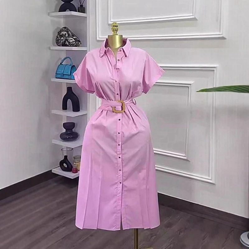 Langes Kleid für Damen Hemdkleider mit Umlegekragen Kurzarm Gürtel Taillierte A-Linie Vestidos Elegante Y2k Streetwear Arbeitskleidung 2026