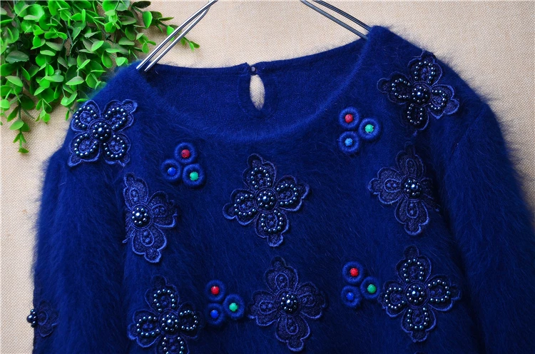 Ladies Women Autumn Winter Vintage Embroidery Beading Angora Rabbit Hair Knitted O-Neck Long Lantern Sleeve Loose Sweater Jumper