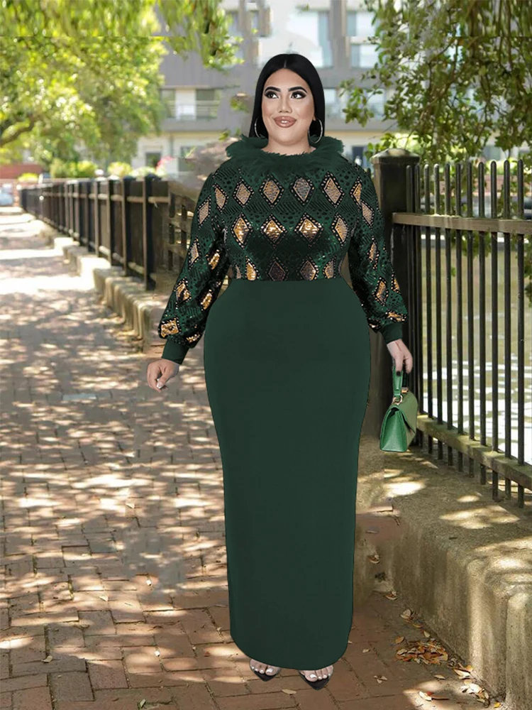 Christmas Dresses for Women Winter Luxury Dress with Fur Neck Collar Elegant Plus Size Sequin Dress Wholesale Dropshipping