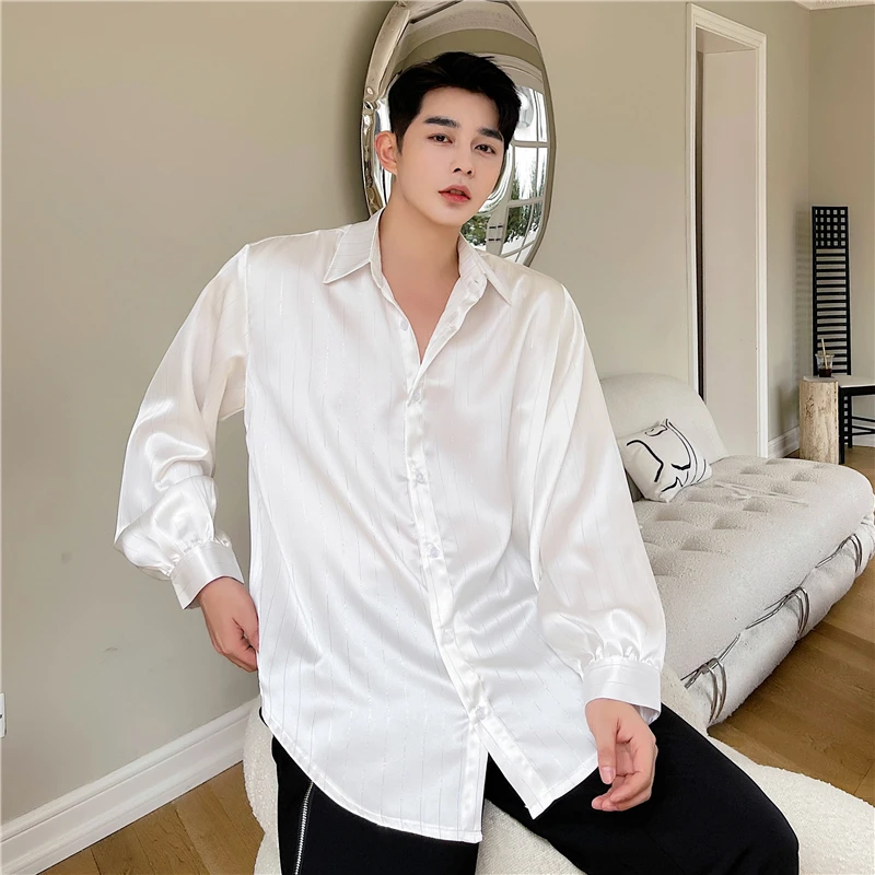 

iny Tead Satin Feel Long Sve Casual Drapey Loose Fit Men's irt Spring Summer Luxury Sensation Korean Sle Lazy irt