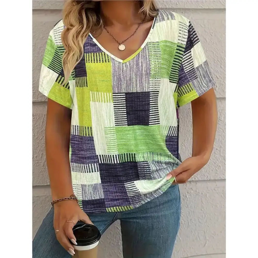 Y2k Fashion Casual T-shirt 2025 Woman Clothes Casual Square Pattern Printed Short-sleeved V-neck T-shirt Girls Spring Summer Top