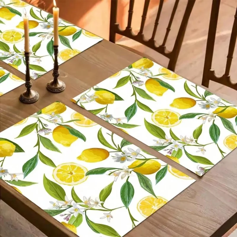 Fresh Lemon Blossom Leaf Print Linen Placemats Summer Fruit Decor Washable Heat‑Resistant Kitchen Table Mats