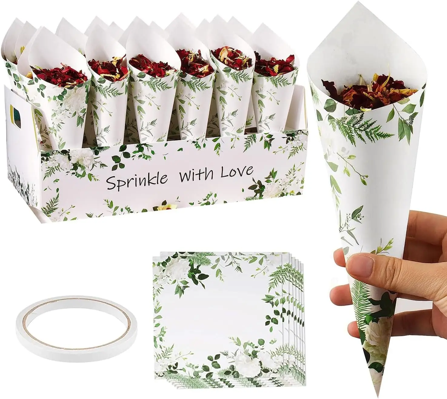 SET 30 Sheets Wedding Paper Cones 1 Pack 30 Holes Flower Confetti 1 Double Sided Tape for Confetti Candy Petals