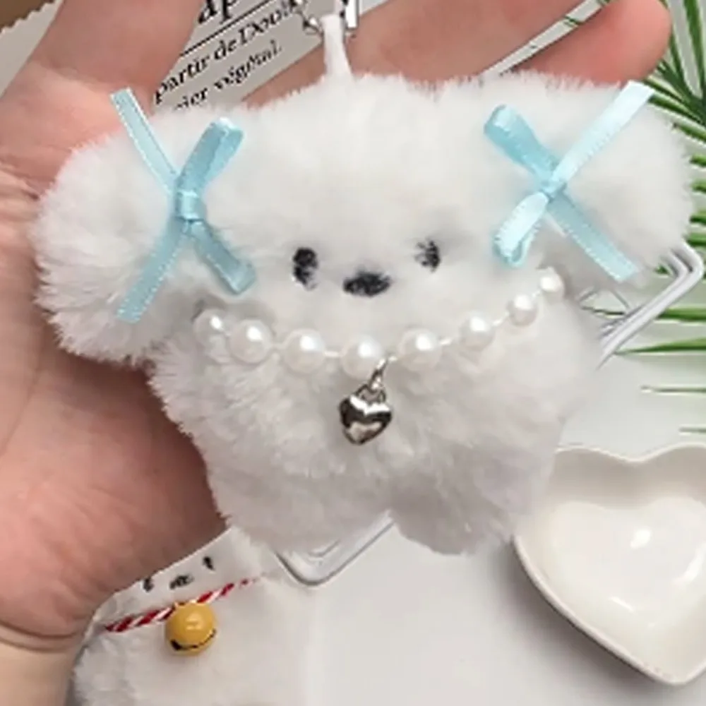 Squeak White Dog Plush Keychain Small Bell Bow Plush Doll Pendant Cartoon Stuffed Puppy Plush Keyring Children Toys