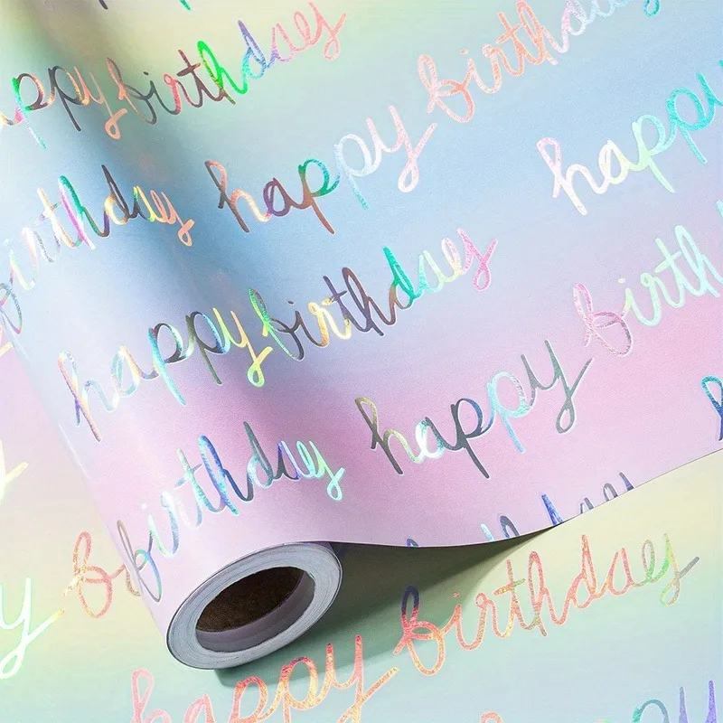 Extra Long Gradient Birthday Wrapping Paper - 3 Meters, Rainbow Holographic Foil Paper, with 'Happy Birthday', Birthday Party