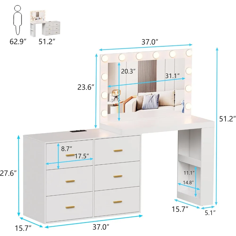 Vanity Makeup Desk with Mirror and 3-Color Lights, Charging Station,6 Drawers,Side 2 Storage Shelves for Bedroom. Dresser image 2