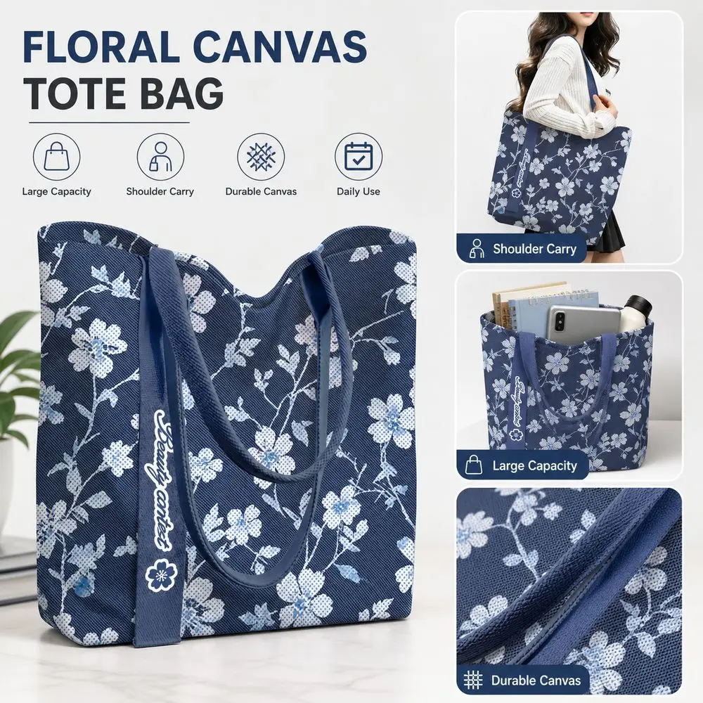 Durable Striped Floral Pattern Canvas Bag Large Capacity Reusable Tote Bag Versatile Lightweight Lunch Bag Daily Commute