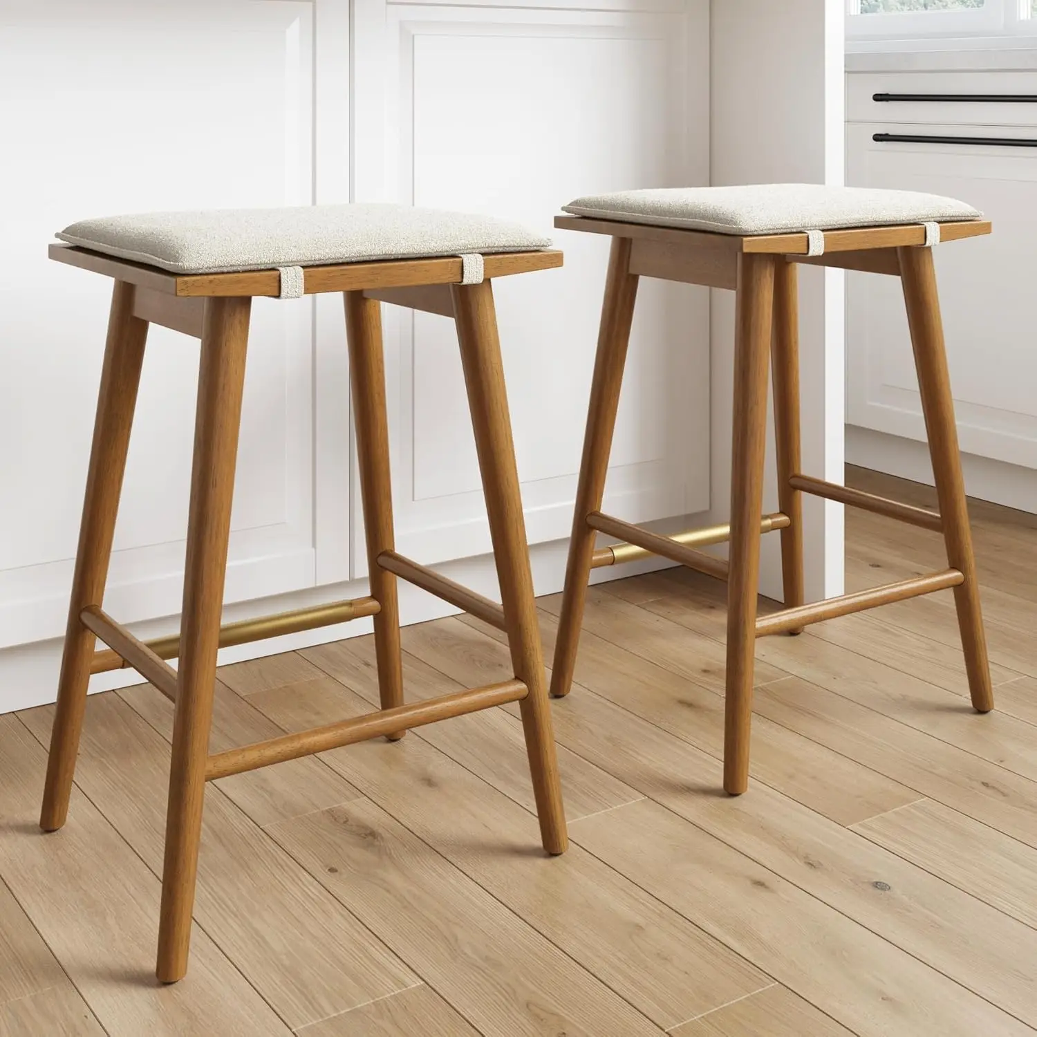 

Counter Height Solid Wood Barstool with Upholstered Cushion, Rubberwood Legs and Natural Textured Linen Upholstery, Set of 2