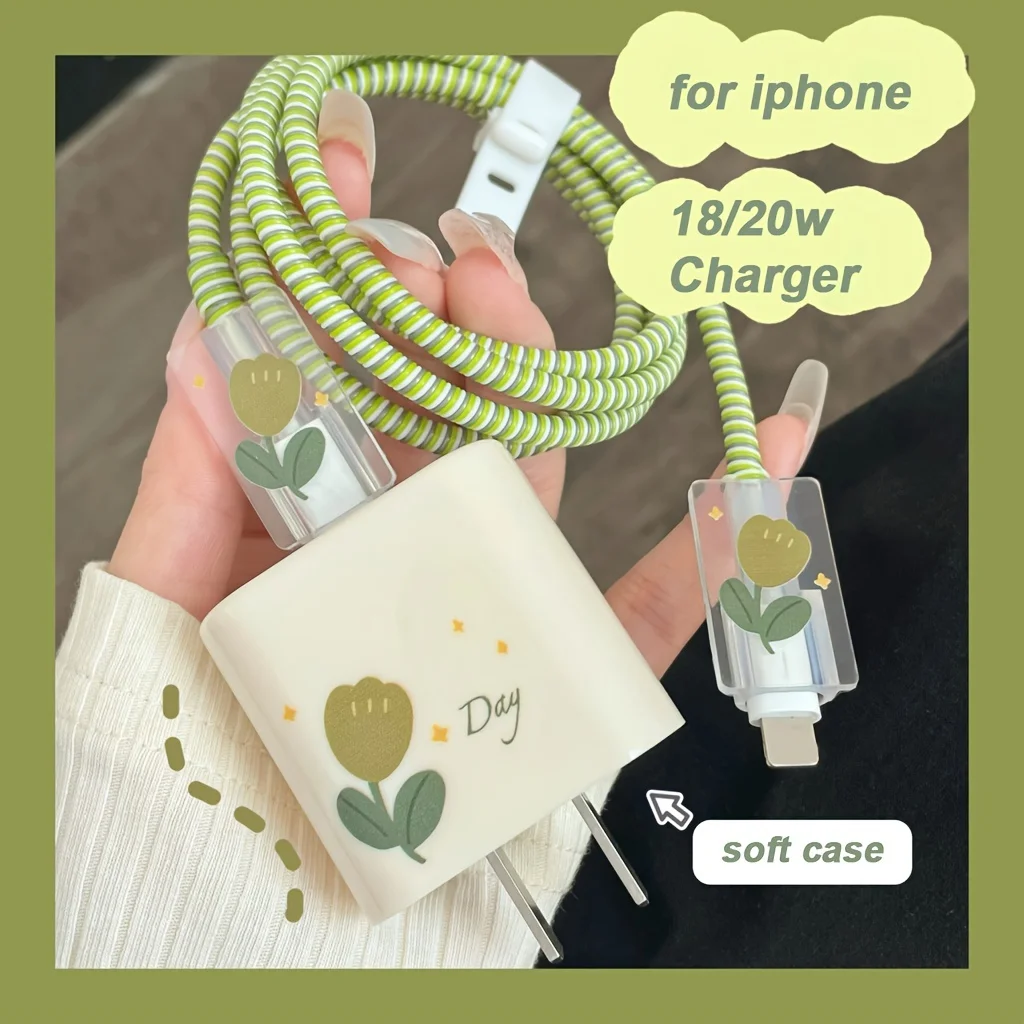 USB Cable Protection For iPhone 15 14 18W 20W Original Charger Protector Cover Green Flowers Protective Data Line Spiral Winder