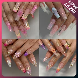 3D French Lilies Flower Gel Nails Art Handmade Almond Squares Coffin High-End Fainting Gradient Fake Nails Women Birthday Gift