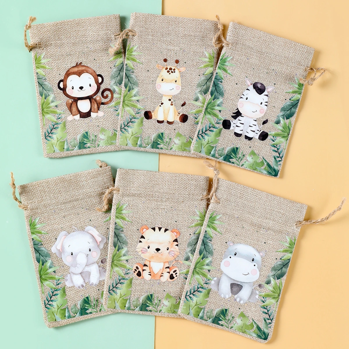 6Pcs Animal Gift Bags Jute Drawstring Burlap Bag Jungle Safari Birthday Party Decor Kids Baby Shower Chocolate Candy Bags