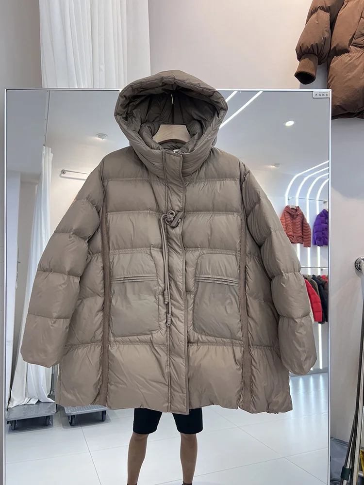 

Korean version fashion design sense casual hooded down jacket women medium to long style loose white duck down jacket
