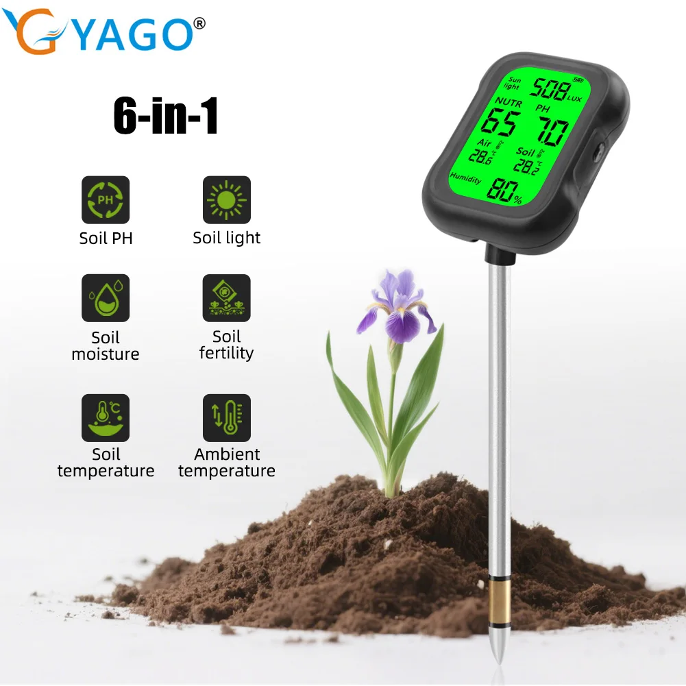 YAGO 6-in-1 Soil pH Meter with 90° Rotatable Backlight for Garden Fertility Moisture Light Ambient Temperature Humidity Sensor