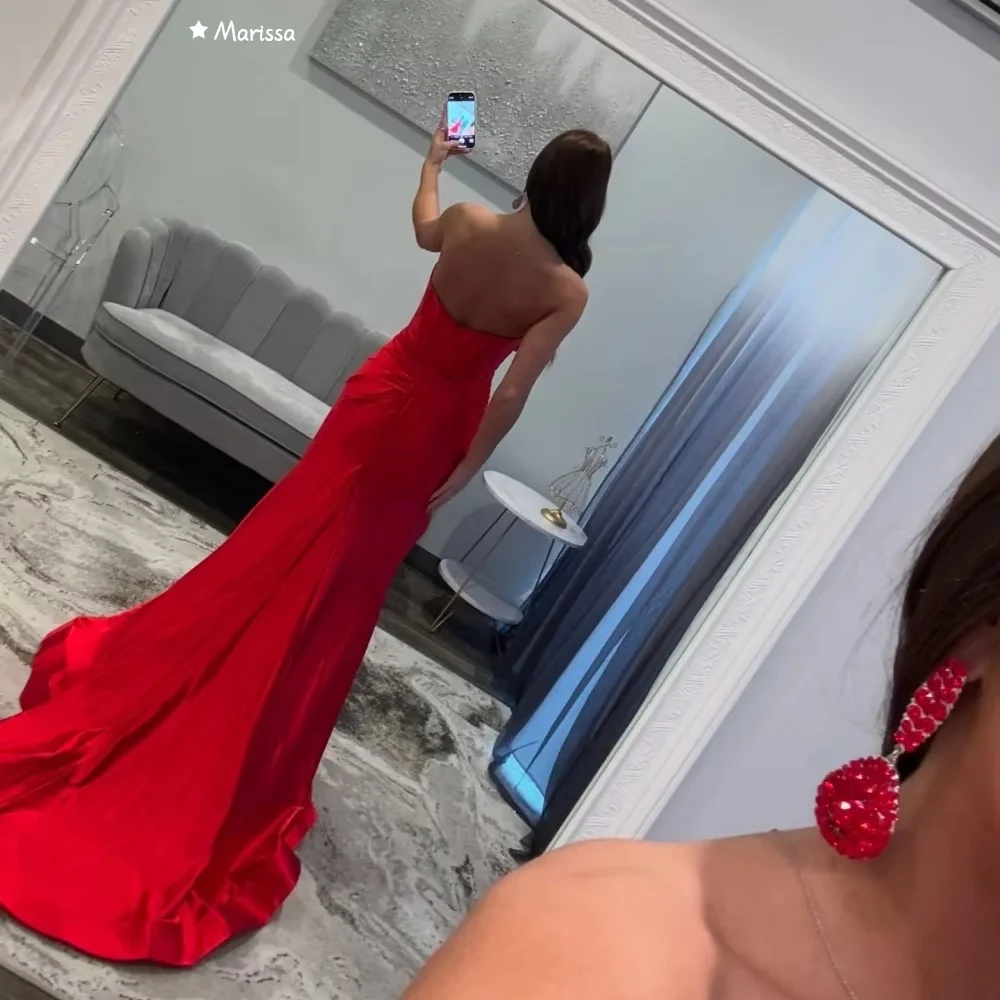 فساتين سهرة بأكتاف مكشوفة بفتحة جانبية من ماريسا للمناسبات الخاصة، ذيل السمكة، تنظيف الأرضيات الطويلة، مصنوعة حسب الطلب، فيونكة حمراء للحفلات الراقصة